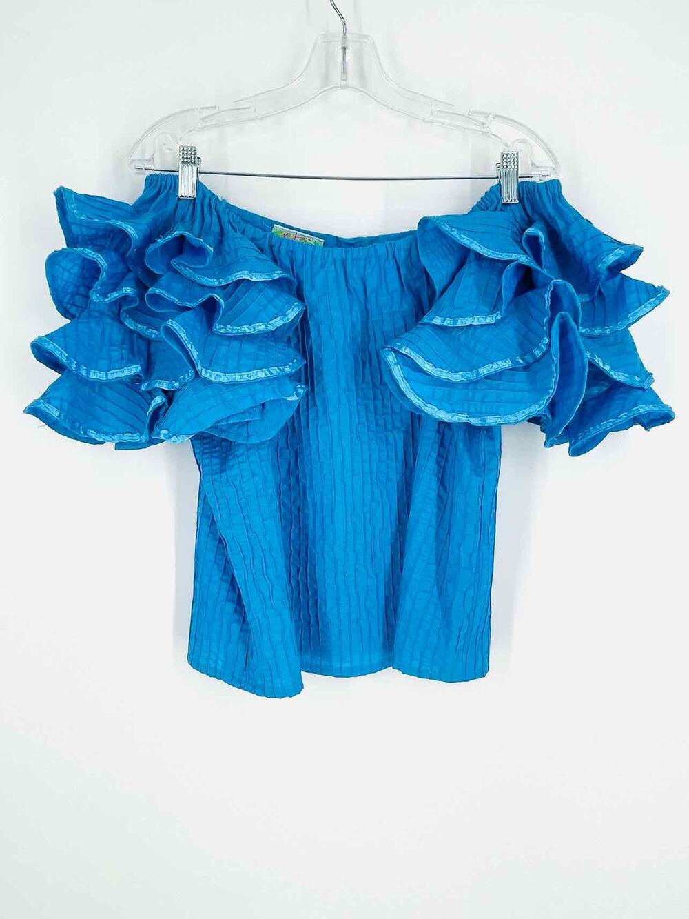 Tachi Castillo Size L Blue Ruffles Textured Vintage Designer Top-Short Sleeve